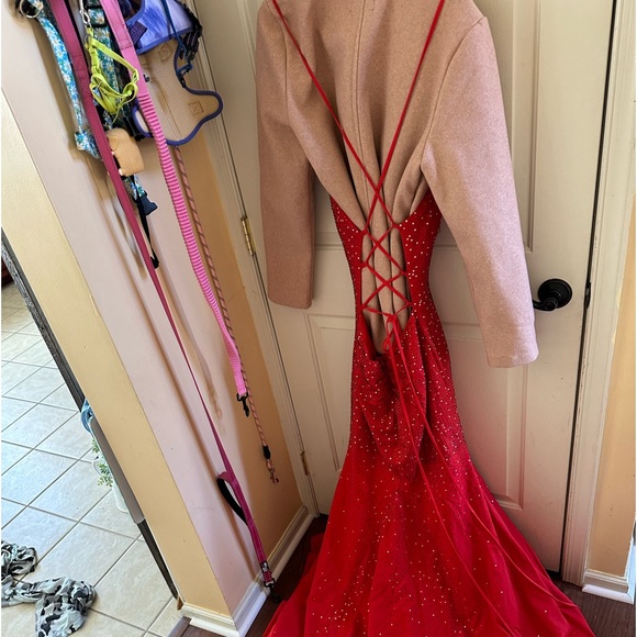 Flared red rhinestone Vneck sleeveless prom gown with sweeping train - Picture 9 of 10